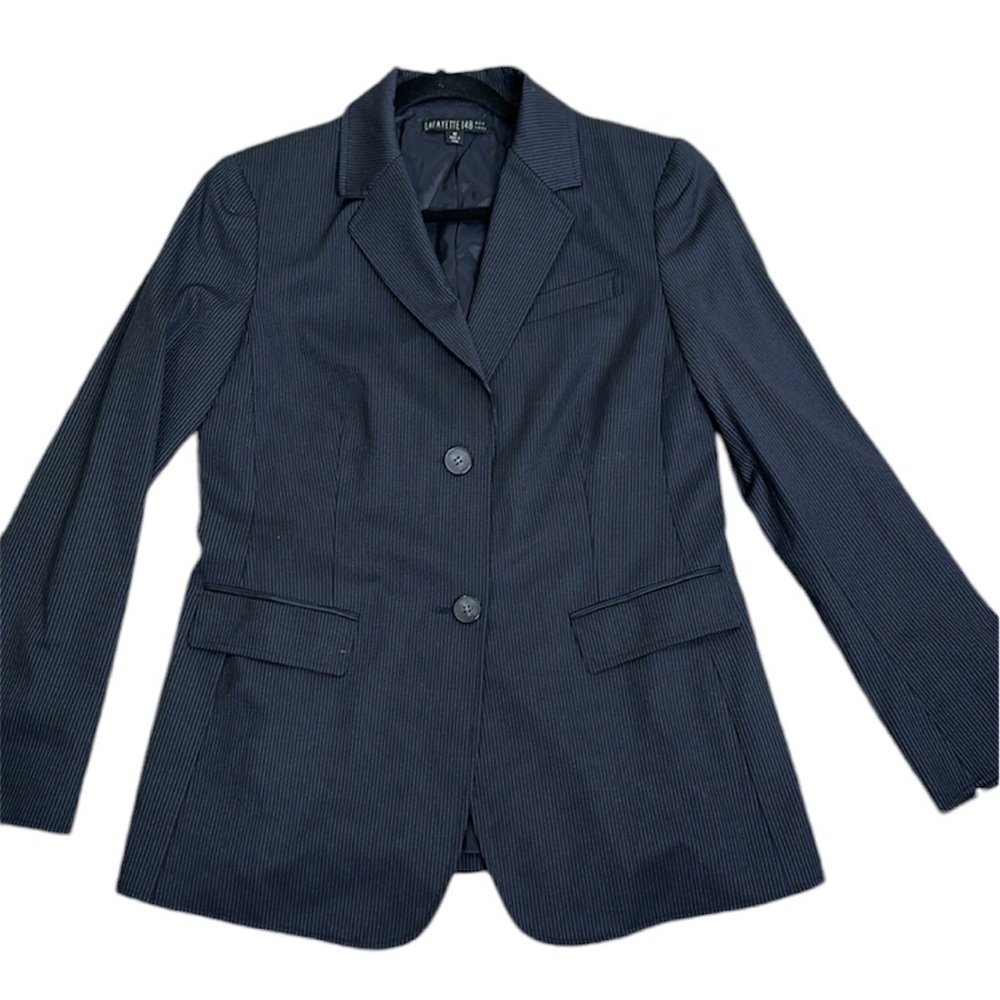 Lafayette 148 navy blue striped blazer virgin wool size 10 office